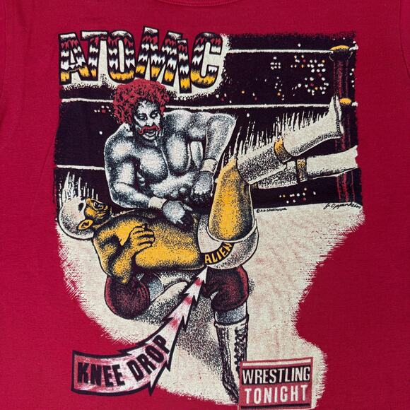 Red Vintage Atomic Wrestling T-shirt Size S Child Knee Drop All Star Match - Picture 3 of 8